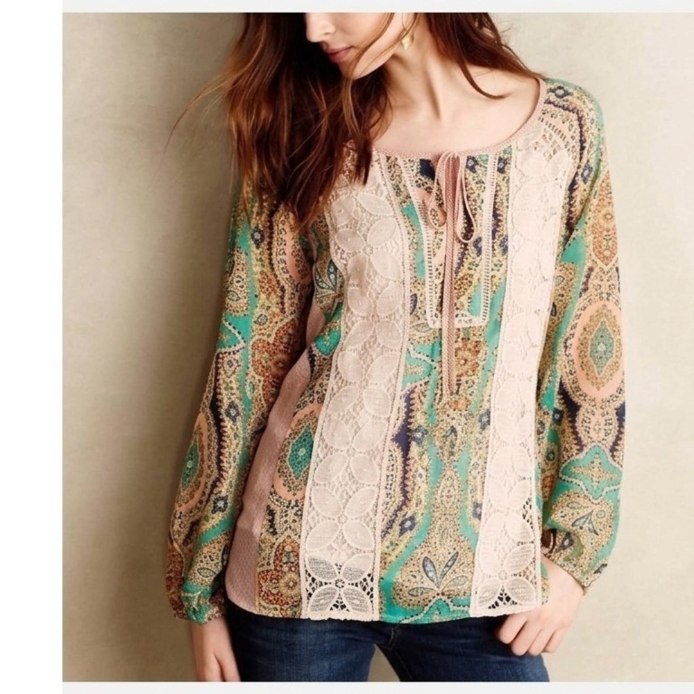 Meadow Rue Giada Peasant Blouse L Green Paisley Lace Boho Tie Neck Top Festival